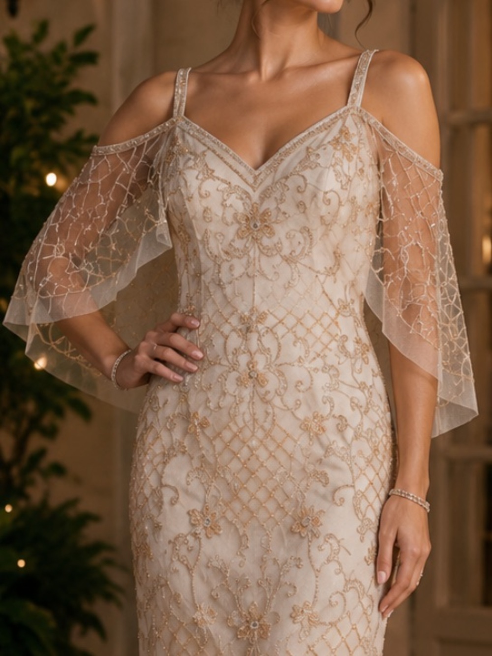 Aidan Mattox beaded cold shoulder evening long Gown - Picture 2 of 8